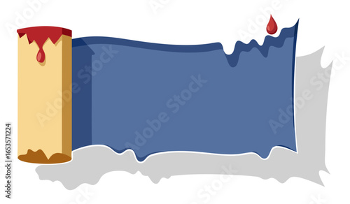 Vintage-style parchment scroll with deep blue banner space and dripping red wax seals or blood. Ideal for fantasy, horror, mysterious messages, old maps, or pirate themes.