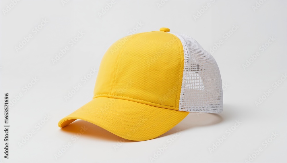 Fototapeta premium Yellow baseball cap with white mesh back on plain background
