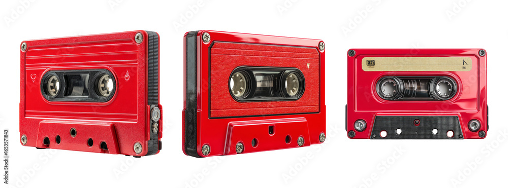 Fototapeta premium Retro Red Audio Cassette Tapes Set on Isolated Transparent Background