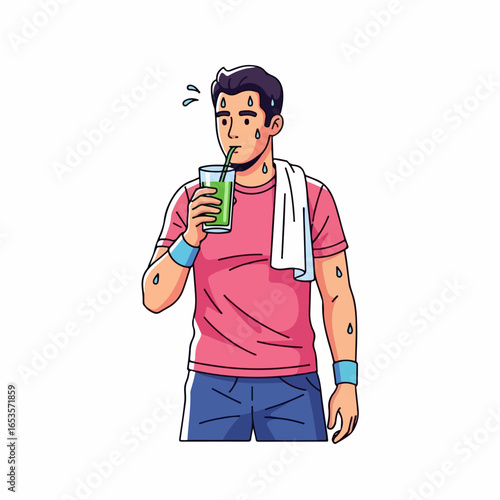 Fit man rehydrating with green juice after intense workout session