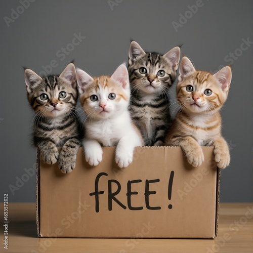 Four kittens sitting in a cardboard box with 'FREE!' written on it