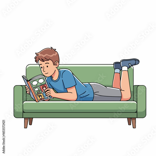 Young boy relaxing on sofa reading exciting comic book adventure indoors
