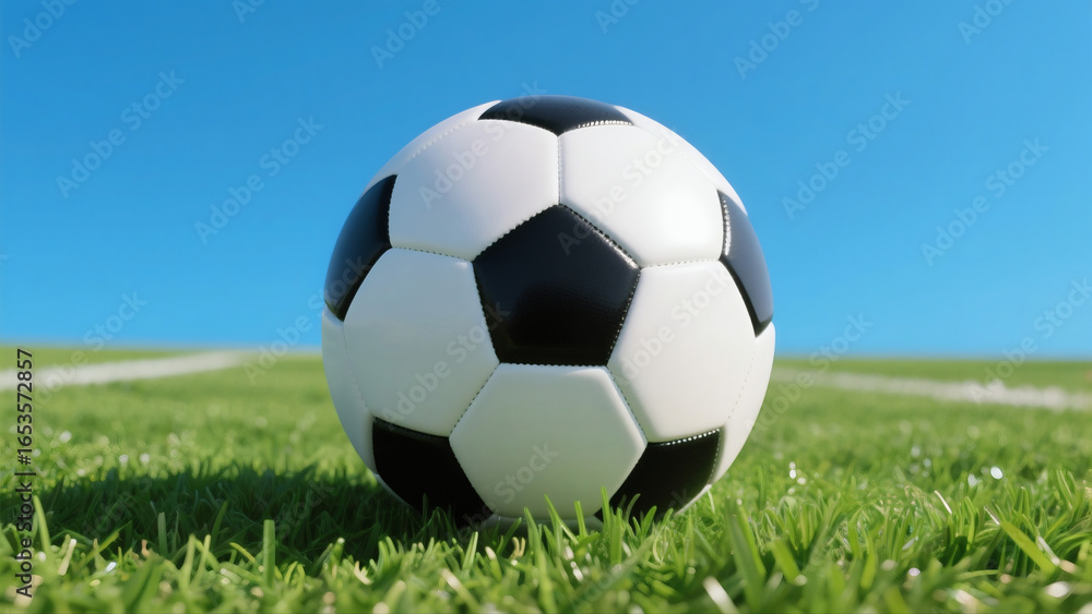 Naklejka premium Soccer Ball Football Grass Field Blue Sky Sports Equipment Game Outdoor Recreation Athletic