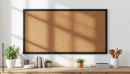 A large blank corkboard on a wall with a shelf and decorative items