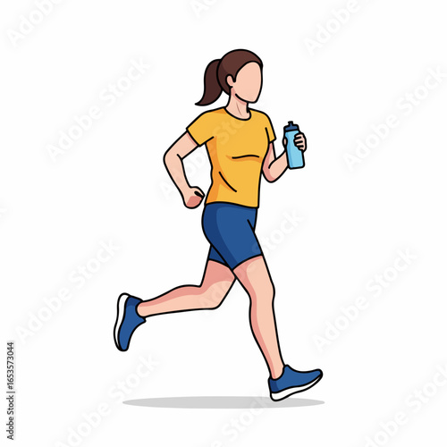 Energetic woman running with water bottle, embracing healthy lifestyle outdoors