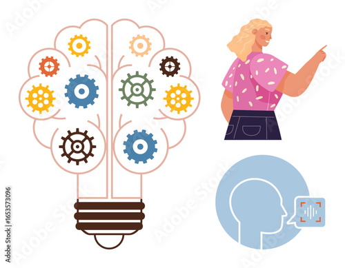Lightbulb filled with gears, woman pointing thoughtfully, and head with speech interface. Ideal for innovation, brainstorming, communication, problem-solving, teamwork, design self-expression