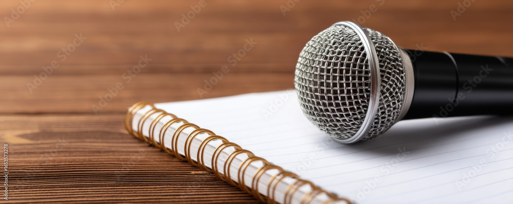 Obraz premium Podcast Planning Workspace, black microphone resting on spiral-bound notebook atop wooden table, capturing creative podcast setup, voice recording preparation, and personal storytelling strategy