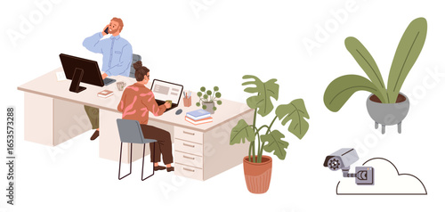 Two coworkers working at shared desk with computers and a phone. Background includes potted plants and a cloud-connected surveillance camera. Ideal for teamwork, security, remote work, modern