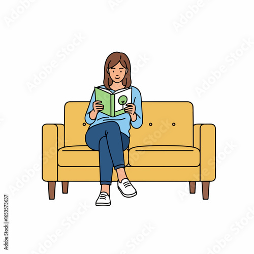 Woman relaxing on sofa reading book, enjoying quiet leisure time at home