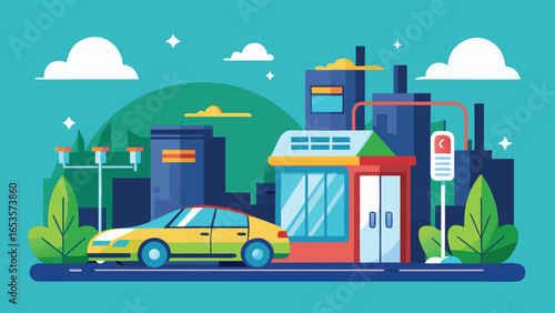 Yellow car parked outside a modern building with city skyline and clouds in the transparency background sedan vehicle