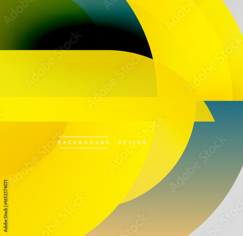 Abstract yellow design features overlapping curved shapes. Gradient colors blend from dark to light, creating dynamic visual effect. Modern, minimalist style.