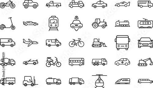 Collection of Simple Line Icons Representing Various Modes of Transportation Including Cars, Buses, Trucks, Airplanes, Trains, Bicycles, Motorcycles and Other Vehicles
