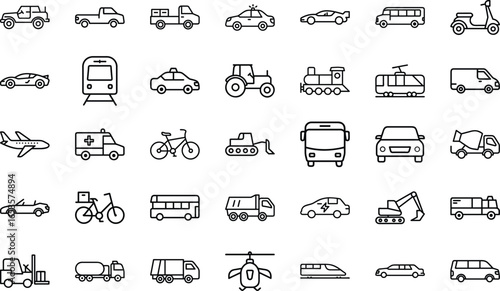 Collection of Simple Line Icons Representing Various Modes of Transportation Including Cars, Buses, Trucks, Airplanes, Trains, Bicycles, Motorcycles and Other Vehicles
