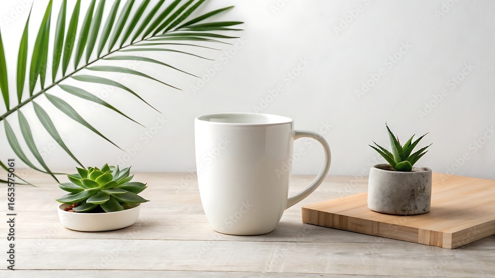 Tall white mug with succulent plants and palm leaf on a wooden surface Tall white mug with succulent plants and palm leaf on a wooden surface