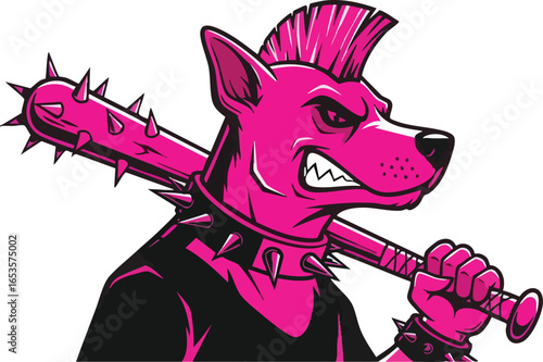 Cartoon illustration of an angry pink dog with a mohawk, wearing a spiked collar and holding a spiked baseball bat.