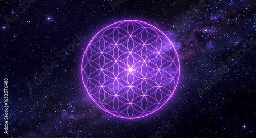 Flower of Life Sacred Geometry Art Purple Cosmic Nebula Background, Spiritual Energy Wallpaper