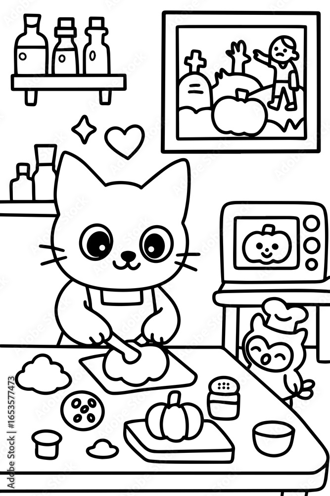 Fototapeta premium Cute cat making pumpkin pie coloring page