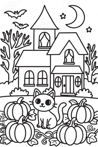 Cute Halloween cat in front of a house coloring page
