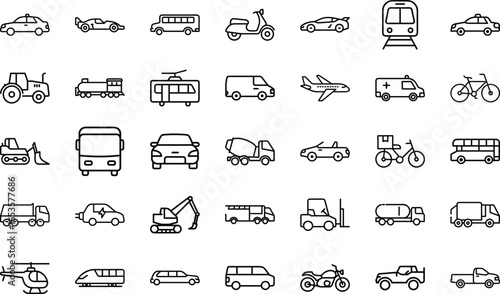 Collection of Simple Line Icons Representing Various Modes of Transportation Including Cars, Buses, Trucks, Airplanes, Trains, Bicycles, Motorcycles and Other Vehicles