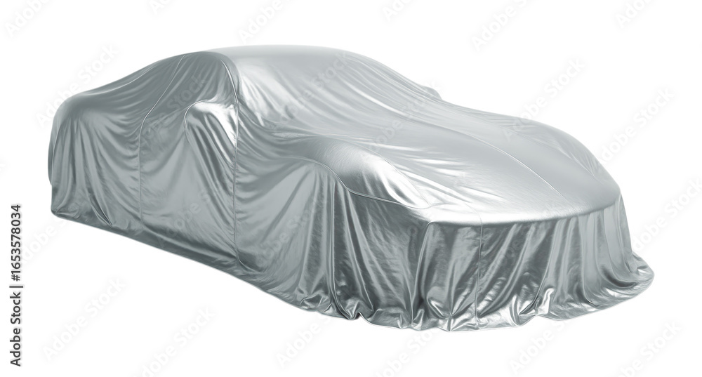 © Faisal - A new sports car model is hidden under a sleek, reflective silver cover before its grand unveiling presentation. Isolated on Transparent Background, PNG