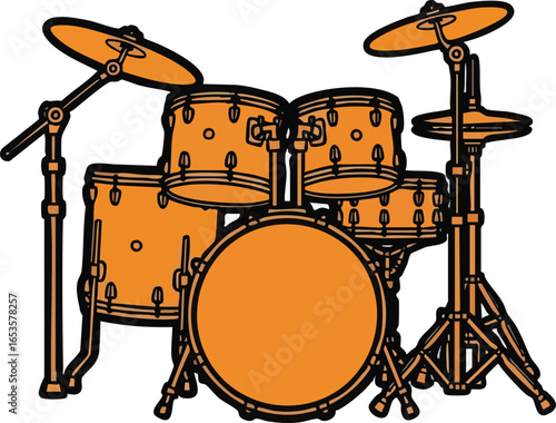 Illustration of a complete drum set with cymbals, toms, and bass drum in orange and black outline.