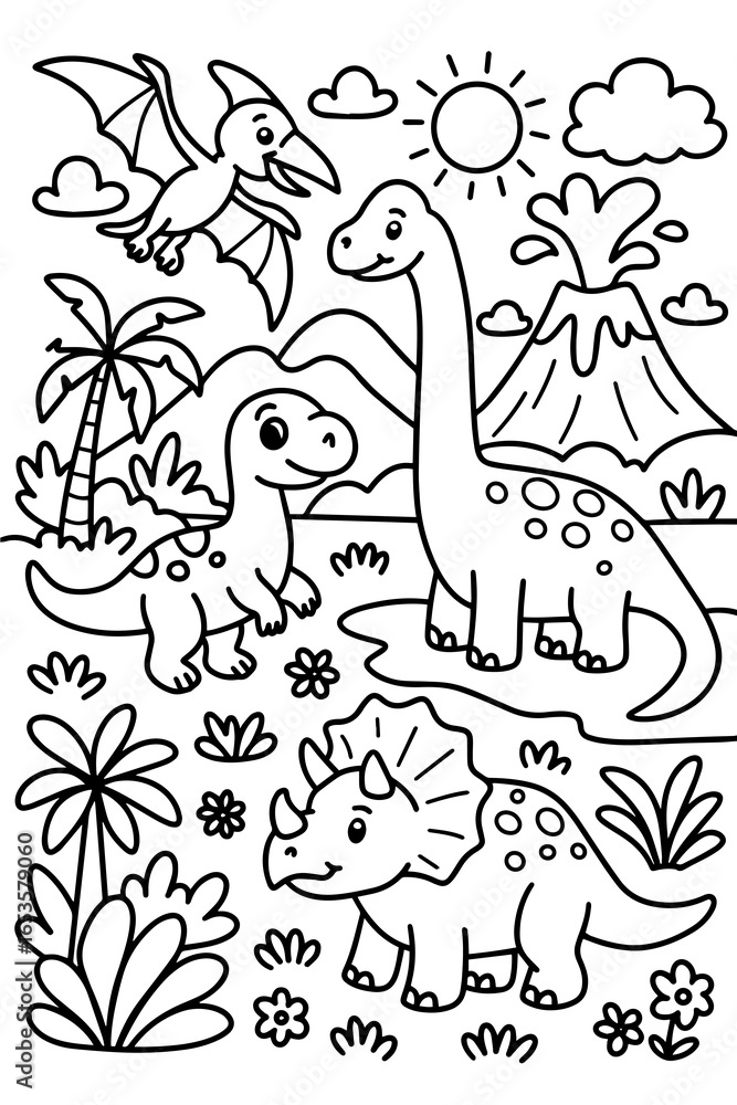 Obraz premium Happy dinosaurs land coloring page