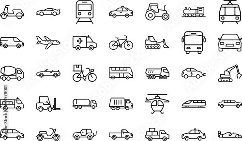 Collection of Simple Line Icons Representing Various Modes of Transportation Including Cars, Buses, Trucks, Airplanes, Trains, Bicycles, Motorcycles and Other Vehicles