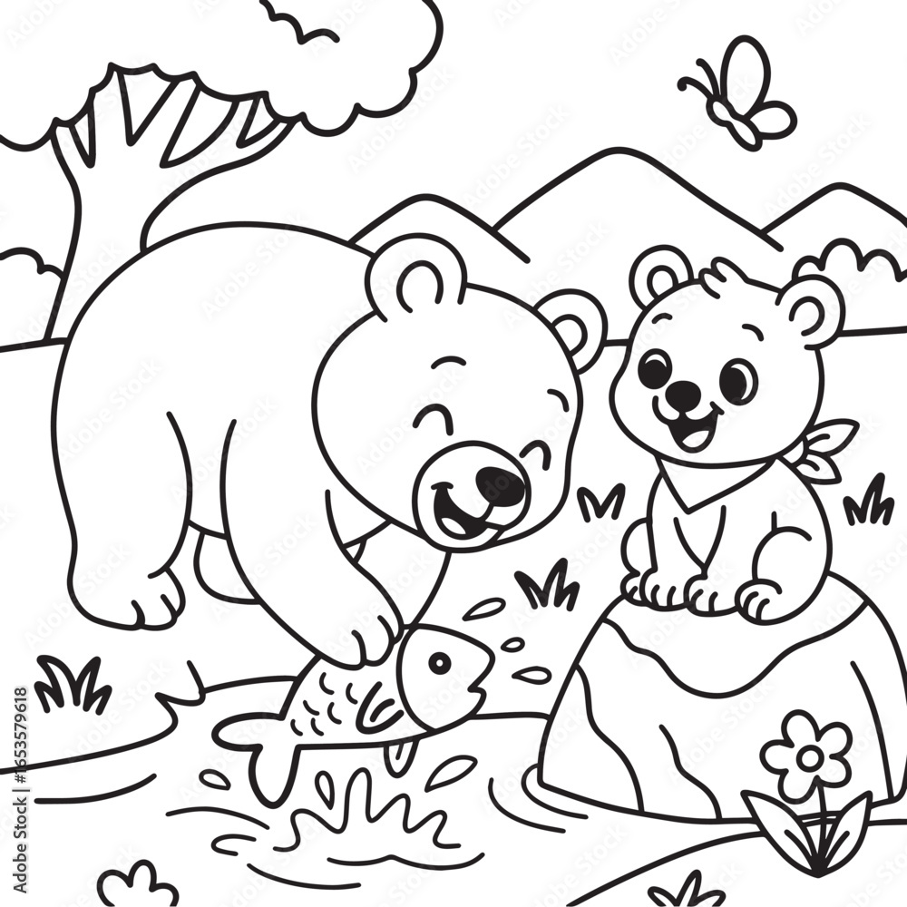 Fototapeta premium Papa bear and cub fishing coloring page