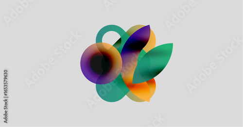 Abstract colorful shapes overlap, creating dynamic visual composition. Soft gradients suggest fluidity, movement. Light background enhances vibrancy.