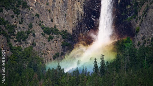 Close up of rainbow in mist base of Bridalveil Fall in Yosemite National Park.