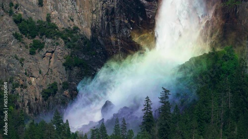 Close up of rainbow in Bridalveil Fall in Yosemite National Park, California.