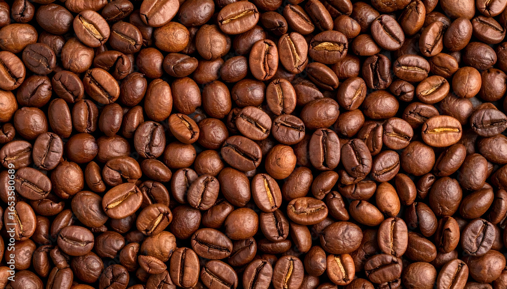 Close Up Of Roasted Brown Coffee Beans Texture Background High Angle View
