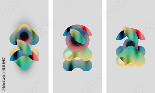 Abstract colorful shapes overlap, creating soft gradients. Three panels display similar compositions, differing slightly in color balance. Minimalist design.