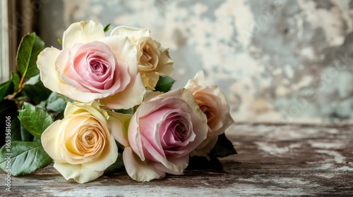 Delicate pastel roses on weathered wood