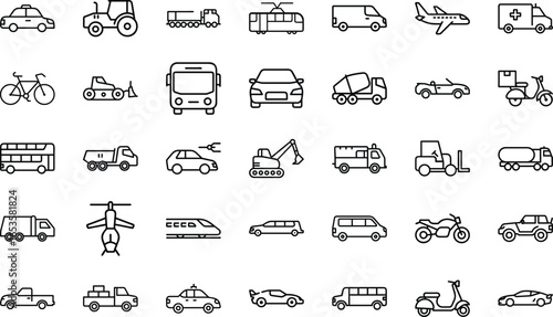 Collection of Simple Line Icons Representing Various Modes of Transportation Including Cars, Buses, Trucks, Airplanes, Trains, Bicycles, Motorcycles and Other Vehicles