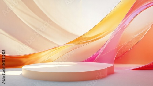 Abstract, fluid, pastel-colored, flowing shapes create a smooth, elegant, empty podium