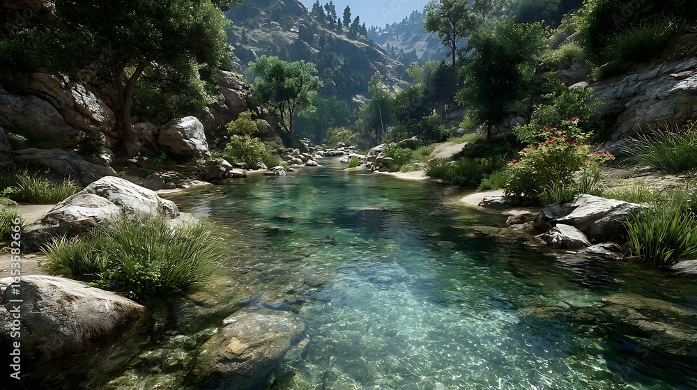 Naklejka premium A serene, natural landscape featuring a calm river flowing through a rocky, forested valley, with lush greenery and a clear blue sky.