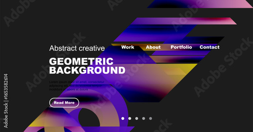 Modern website mockup displays vibrant geometric design. Navigation includes work, about, portfolio, contact options. Button invites further exploration.