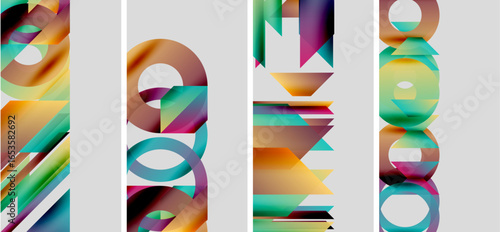 Abstract colorful panels display layered shapes, gradients. Modern design evokes dynamic movement, visual interest.