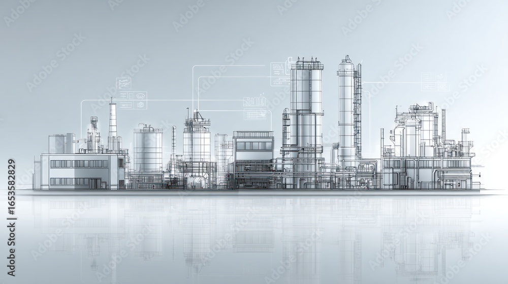 Obraz premium Architectural rendering of a large industrial complex, rendered in grayscale, with reflections