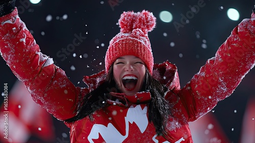 Triumphant Canadian athlete celebrates victory in the snow with jubilant expression