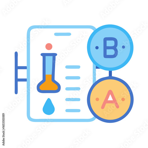 Vector art of a digital representation of a scientific experiment on a mobile device, showing a flask and data
