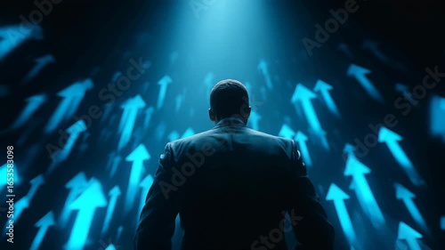 Business man walking towards future success and growth with upward arrow