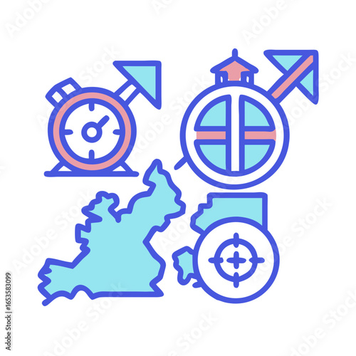Vector art of a stylized illustration featuring a map, an alarm clock, a male gender symbol, and a target, suggesting concepts of time, location, and goals