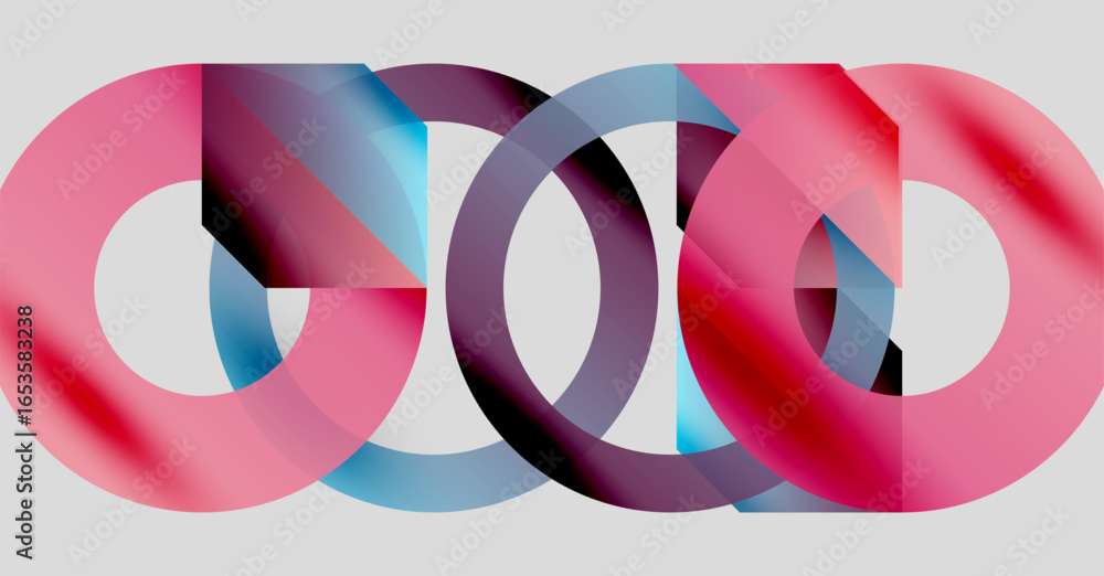 Obraz premium Interlocking rings, pinks, blues create abstract composition. Smooth gradients suggest depth, movement. Minimalist design on light gray background.