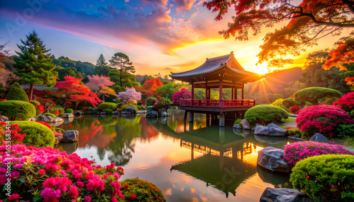 Scenic Japanese Garden at Sunset with Pagoda Lakeside Reflection and Colorful Blooms