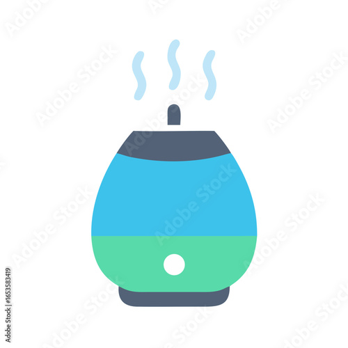 Vector art of a modern blue and green aromatherapy diffuser releasing a gentle mist of steam, isolated on a white background