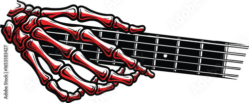 A skeletal hand with red bones grips the fretboard of a guitar, poised to play.