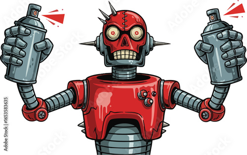 A menacing, spiky red robot with glowing eyes and sharp teeth holds two spray paint cans, ready to create graffiti art.