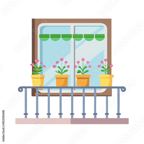 Vector art of a charming balcony adorned with potted pink flowers sits before a large window with green awnings